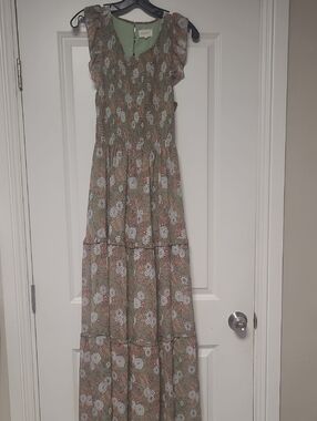 Floral Tiered Maxi Dress in Green and Brown